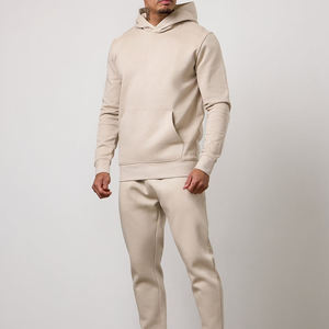Ensemble de survêtement unisexe beige à capuche, manches longues, couleur unie, en coton, décontracté, pantalon de jogging, coupe régulière, polaire, design 2-en-1, pour l'hiver - Product Image 1
