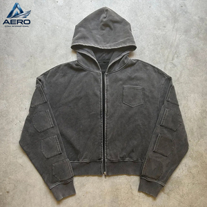 Sudadera con capucha de estilo urbano, de tejido grueso, desgastada, personalizada, con múltiples bolsillos, con logotipo personalizable, nuevo estilo, con cremallera, al por mayor - Product Image 1
