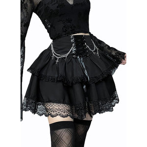 Customized Women's Mini Gothic Skirt Tie <b>Waist</b> Lace Up Double Layered Ruffles Skirt Set with <b>Chain</b> OEM ODM - Product Image 4