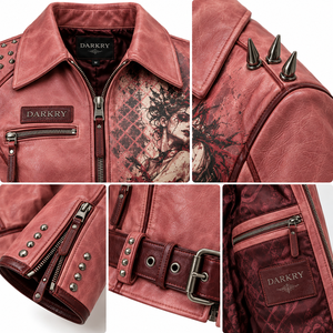 Chaqueta de cuero genuino para mujer, color rosa polvo, estilo motero, con cinturón y hombros con púas, estampado gráfico personalizado, proveedor OEM - Product Image 6