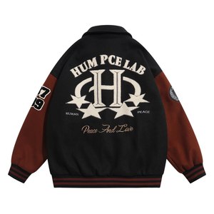 Human Peace Lab Unisex Varsity <b>Jacket</b> Streetwear Winter Wool Blend Quick Dry Embroidered <b>Stars</b> Front Customizable Stand Collar - Product Image 4