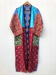 Robe kimono en soie patchwork faite à la main pour femmes, grande taille, respirante, longueur genou, imprimé indien, style bohème, vêtement de nuit d'automne - Product Image 3