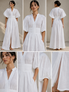 Vestido Maxi Bohemio de Lino Blanco Estilo Francés para Mujer, con Mangas Abullonadas, Cuello Mandarín, Corte Moderno, Cintura Natural y Abertura Frontal - Product Image 2