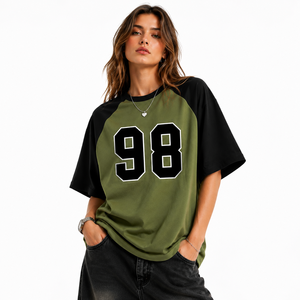 Premium Oversized Olive Green <b>Raglan</b> women's shirt Custom Number Print Drop Shoulder Loose Fit Varsity Streatwear Boxy Fit Tee - Product Image 3