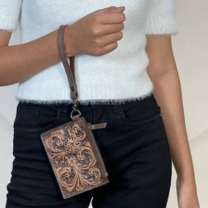 Wholesale Genuine Tooled Leather Floral Design Zipper Wristlet Wallet Stylish Coin & <b>Credit</b> <b>Card</b> <b>Holder</b> Everyday Multi Use - Product Image 3