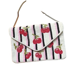 Handmade Cherry Embroidered Striped Clutch Bag With Chain Strap Rectangular Shape Textile Material - Product Image 1