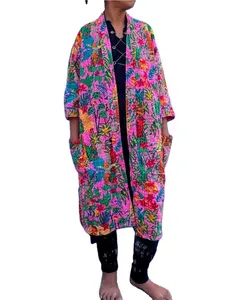 Frida Kahlo kantha chaqueta India hecha a mano estilo kimono japonés kantha bata chaqueta de invierno color rosa corbata cinturón abrigo