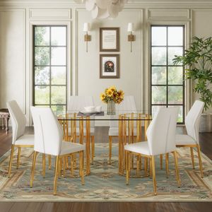 Set di Tavolo da Pranzo Ovale in Vetro Temperato da 71 Pollici e 6 Sedie in PU Bianco con Colonna Doppia Dorata, Arredamento per Sala da Pranzo di Lusso - Product Image 3