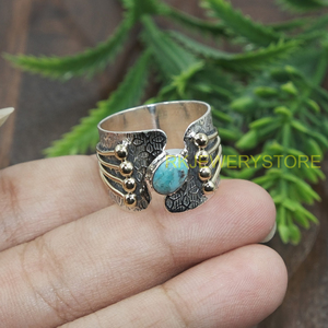 Bague ajustable artisanale en pierre turquoise, argent sterling 925 et laiton, style ethnique bohème tribal, bijoux de créateur pour femmes - Product Image 6