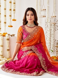 AARA Fashion Orange Pink Silk <b>Saree</b> Embroidered <b>Blouse</b> for Wedding Women Traditional Indian Sari Floor Length Regular Fit Sun - Product Image 2