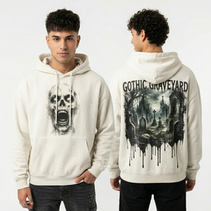 Sudadera con Capucha Oversize Blanca Crema con Estampado Gráfico Gótico de Cementerio para Hombre, Sudadera de Forro Polar Estilo Urbano con Logotipo de Marca Personalizado, Sudadera Hip Hop - Product Image 1