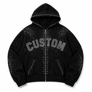 Sweat à capuche zippé personnalisé en strass, épais, oversize, à étoiles cloutées, style streetwear, tendance hiver Y2K, en polaire - Product Image 2