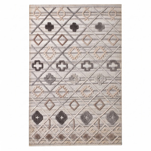 Tapis géométrique en laine beige-gris à motifs tribaux abstraits, à poils brossés, écologique, antidérapant, tufté à la main, épais - Product Image 1