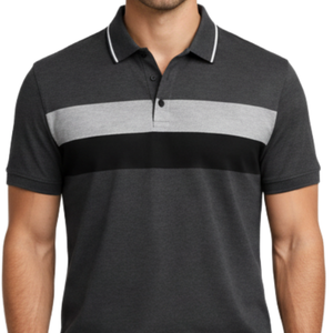 Polo Personalizado para Hombre en Gris Carbón con Franjas en Contraste en el Pecho, Manga Corta, Transpirable, Corte Atlético - Product Image 2