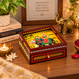 Handcrafted Rectangular Wooden Elephant Printed Serving Tray with <b>Storage</b> <b>Drawer</b> | Decorative Multipurpose Tableware Tray - Product Image 6