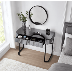 39\" Versatile <b>Mirrored</b> Makeup <b>Vanity</b> <b>Table</b> with Stainless Steel Base 2 Drawers Console Dressing Desk for Home Use - Product Image 3