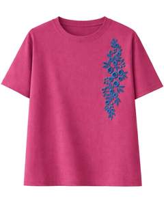 Camiseta Personalizada Rosa Fucsia para Mujer, con Bordado Floral, Cuello Redondo, Algodón Suave, Manga Corta, Informal, Ligera, para Verano - Product Image 1