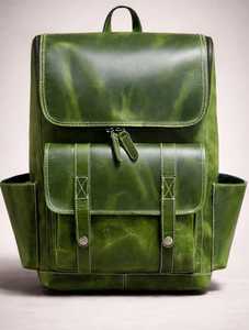 Classic Genuine Leather <b>Backpack</b> Green Durable Design Front Pocket Style - Product Image 1