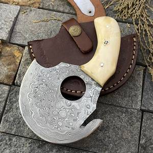 Custom Hand Forged Damascus Steel Hunting Ulu Alaskan Pizza Cutter Hatchet Wood <b>Handle</b> 3 1/2 Cutting Edge Handmade Chef Kitchen - Product Image 4