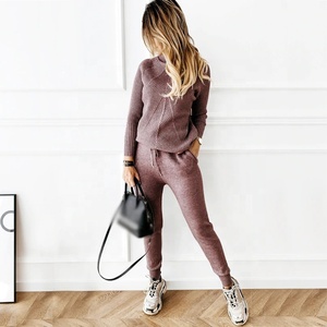 Costume uni deux pièces à col haut et pantalon extensible, pour femmes, pull-over d'hiver, produit Direct d'usine, - Product Image 3