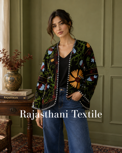 Blouson Bomber SUJANI RT 4 en Velours Brodé Floral pour Femme, Manches Longues, Col en V, Ceinturé, Réversible, Lin Écologique, Printemps - Product Image 5