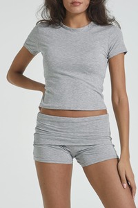 Conjunto de 2 Piezas Rosa, Top Corto con Cuello Redondo y Pantalones Cortos Fruncidos de Cintura Alta, Color Sólido, Spandex y Algodón, Ropa de Yoga - Product Image 5