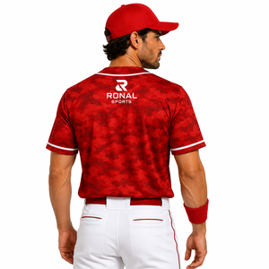 RONAL SPORTS เสื้อเบสบอลลายพรางสีแดงสำหรับผู้ชาย แขนสั้น ระบายความชื้นได้ดี ติดกระดุมด้านหน้า ชุดยูนิฟอร์ม - Product Image 4