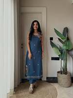 Kurti sans manches pour femme, bleu marine, en coton brodé, imprimé numérique, séchage rapide, longueur genou, coupe classique, style ethnique traditionnel