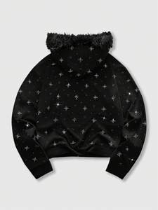 Sweat à capuche zippé pour homme avec strass et imprimé étoiles, capuche en fourrure, style streetwear décontracté, vente en gros, sweats à capuche scintillants, fournisseur OEM - Product Image 4