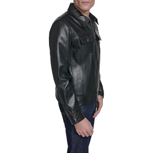 <b>Men</b>’s Genuine Leather <b>Trucker</b> <b>Jacket</b>, Classic Button Front Leather <b>Jacket</b> with Shirt Collar, Casual Vintage Workwear Outerwear - Product Image 3