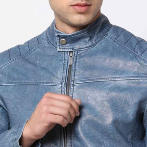 Men's Blue Washed Cow Leather Moto <b>Jacket</b> Stand Collar Zipper Closure <b>Slim</b> <b>Fit</b> Autumn Biker Style Regular Sleeve - Product Image 5