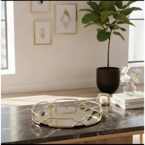 Luxury <b>Mirror</b> Tray Abstract Border Design Metal Trays For <b>Tabletop</b> Use Handicrafts Women's Cosmetic Organizer Fancy Tray Round - Product Image 1
