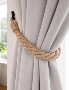 Beige Cotton Rope Curtain Tieback, Slim Twisted Drapery Holdback, Minimal Window Decor - Product Image 2