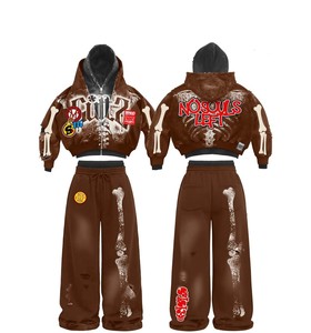 Survêtement à capuche personnalisé pour femme, style streetwear vintage, coupe ajustée, manches longues, fermeture éclair frontale, motif éclair, pantalon évasé, décontracté, OEM - Product Image 4