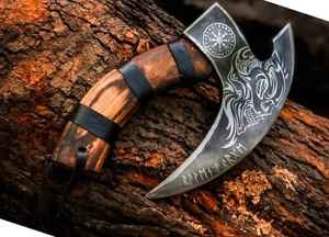 Couteau à pizza industriel forgé à la main en acier à haute teneur en carbone, style viking, lame tranchante en forme d'hache avec manche en bois de rose pour usage en cuisine, avec étui - Product Image 5