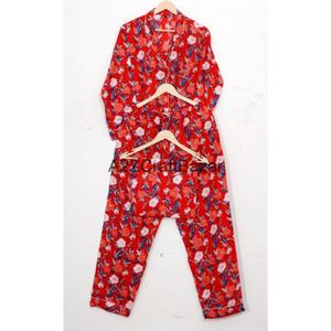 Ensemble de pyjama pour femmes 100% coton, col rabattu, manches longues, imprimé floral, taille élastique, toutes saisons, vacances, doux et confortable - Product Image 1