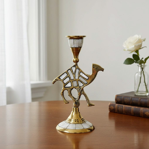 Fancy interlocking textured gold ring <b>candelabra</b> supporting three white spiral taper candles beautifully. Available at wholesale - Product Image 4