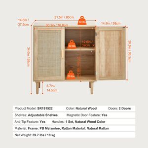 Mobiletto in Rattan con Ripiani Regolabili e 2 Ante Magnetiche, Credenza per Ingresso, Corridoio e Cucina - Product Image 4