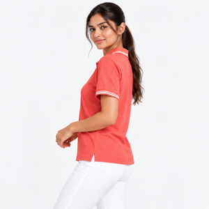 Women <b>Coral</b> for T Shirt Lyocell Combed Cotton Soft Knitted Short Sleeve Striped Collar Casual <b>Top</b> Wholesale Supplier OEM Custom - Product Image 2