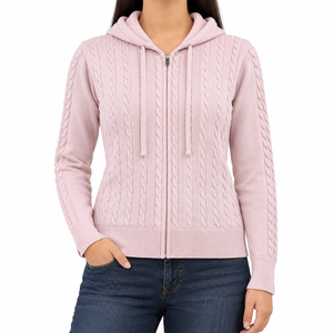 <b>Women's</b> Jacquard Cable Knit Hooded Zip Up Sweater Long Sleeve Pullover <b>Jacket</b> with Pocket || OEM ODM Manufacturer Bangladesh - Product Image 1