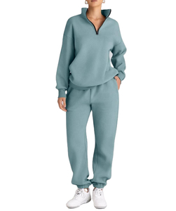 Ensemble sweat à capuche demi-zip et pantalon de jogging en coton tricoté pour femme, couleur unie, coupe classique, séchage rapide, idéal pour l'hiver - Product Image 4
