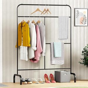 Double Tier Metal Clothing <b>Rack</b> Standing Heavy Duty Minimalist Wardrobe Storage Holder with Hangers and Shoe Shelf - Product Image 5