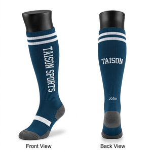 Men Baseball Socks Premium 220 GSM Polyester Cotton Blend Blue White Ribbed Design Cushion Heel <b>Toe</b> Panels Custom Knitted Logo - Product Image 4