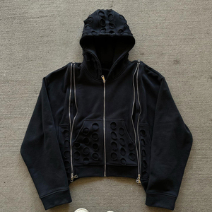 Sweat à capuche zippé pour homme, coupe personnalisée, col à découpes, en molleton, coupe courte oversize, style streetwear, couleur unie, manches classiques, pour l'automne - Product Image 1