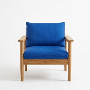 Sillón de Madera de Teca Sólida con Cojín Azul Rey, Hecho a Mano, para Sala de Estar, Silla Individual Moderna para Patio o Terraza - Product Image 1