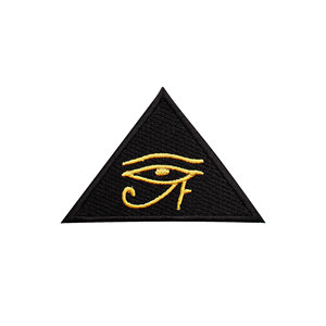 Embroidered Triangular Patch Featuring The Egyptian Eye Of Horus Symbol In Gold Stitching On A Black Background - Product Image 1