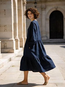 Robe longue élégante bleu marine à col rond pour femme, coupe ample, avec ourlet à volants, robe midi décontractée - Product Image 1