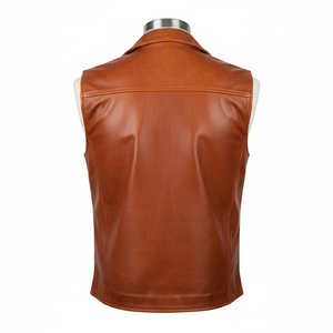Chaleco de Cuero Genuino para Hombre al por Mayor, Cuello en V, Cierre Frontal con Cremallera, Estilo Biker Minimalista, Marca Privada OEM - Product Image 2
