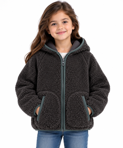 Veste à capuche doublée en polaire sherpa gris anthracite pour enfants, chaude, hiver, fermeture éclair intégrale, Teddy Borg, confortable et moelleuse, pour filles et garçons - Product Image 1