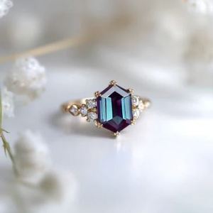 Hexagon Cut Alexandrite Gold Plated Sterling <b>Silver</b> Prong Setting Color Changing Gemstone Luxury Certified Unique <b>Ring</b> - Product Image 2